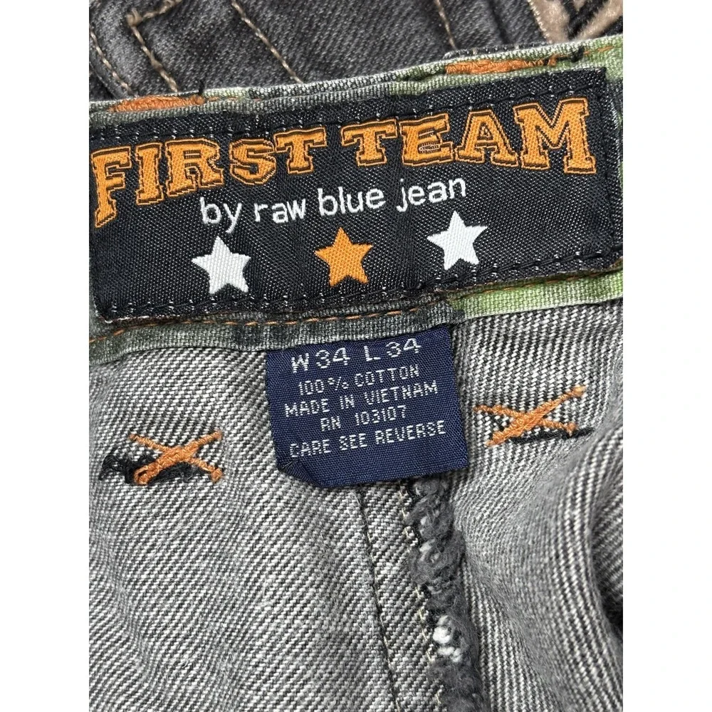 Raw Blue Jeans Mens W34 L34 Gray Cargo Pants Patchwork Badge Streetwear Y2K